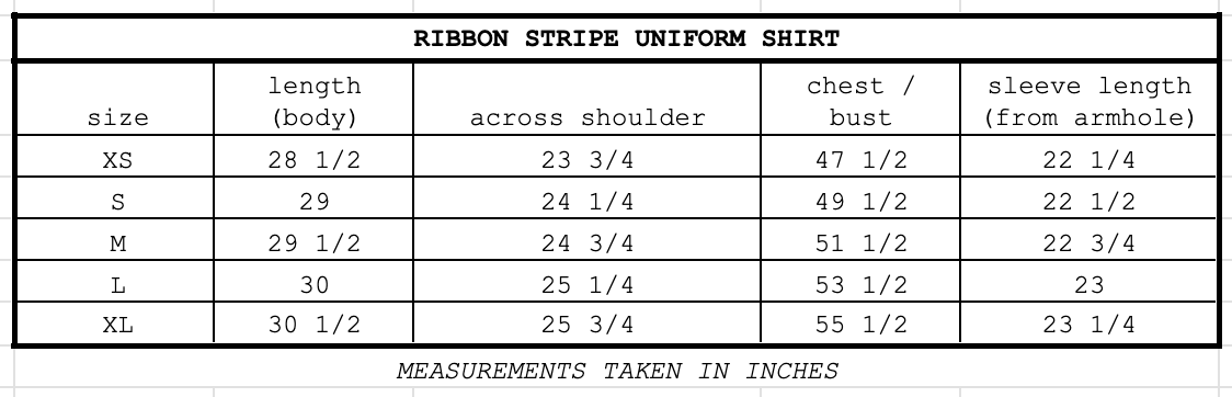 Size chart for Ribbon Stripe Uniform Shirt White