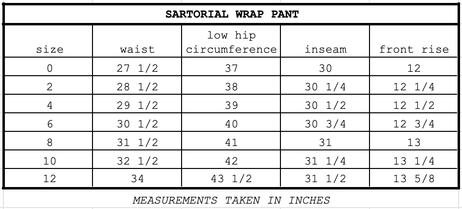 Size chart for Sartorial Wrap Pant Black