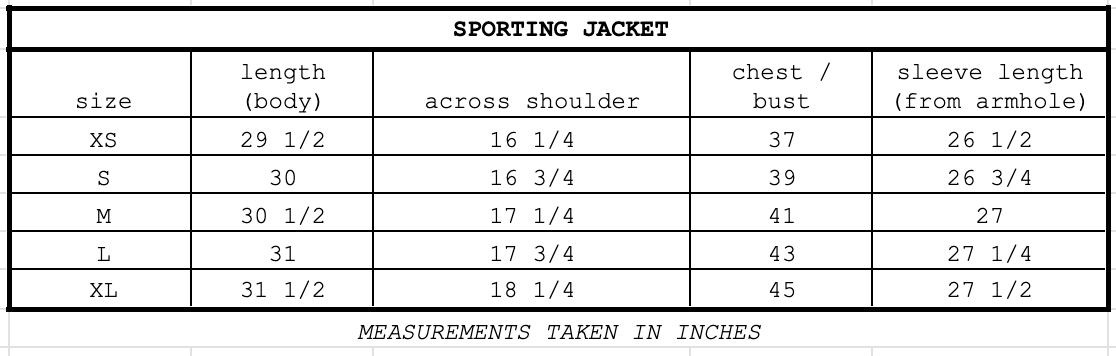 Size chart for Sporting Jacket Wheat