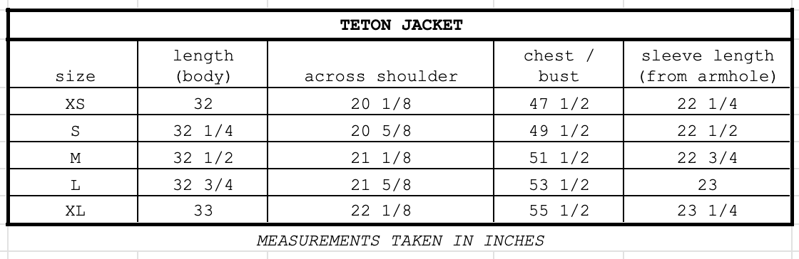 Size chart for Teton Jacket Pomegranante
