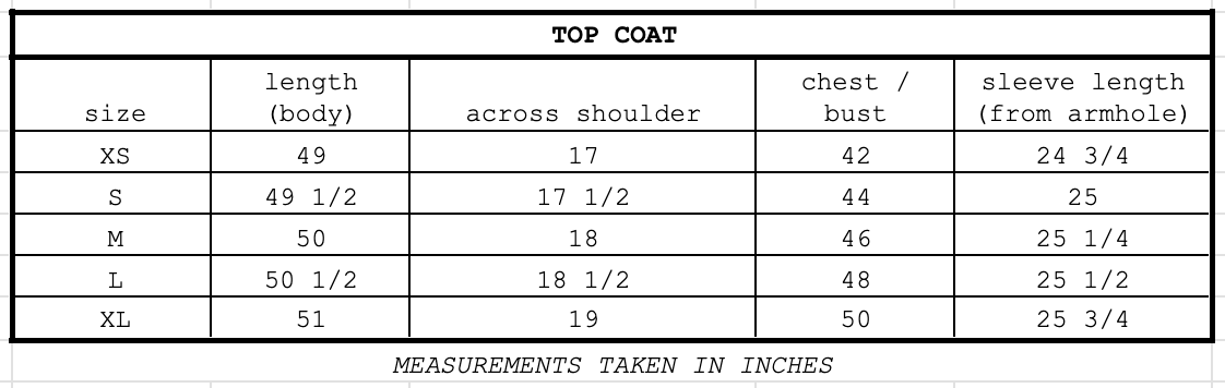 Size chart for Top Coat Black