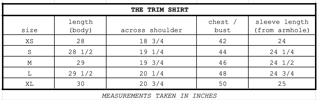 Size chart for Trim Shirt Geode