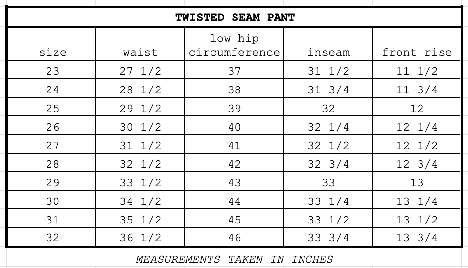 Size chart for Twisted Seam Pant Caramel