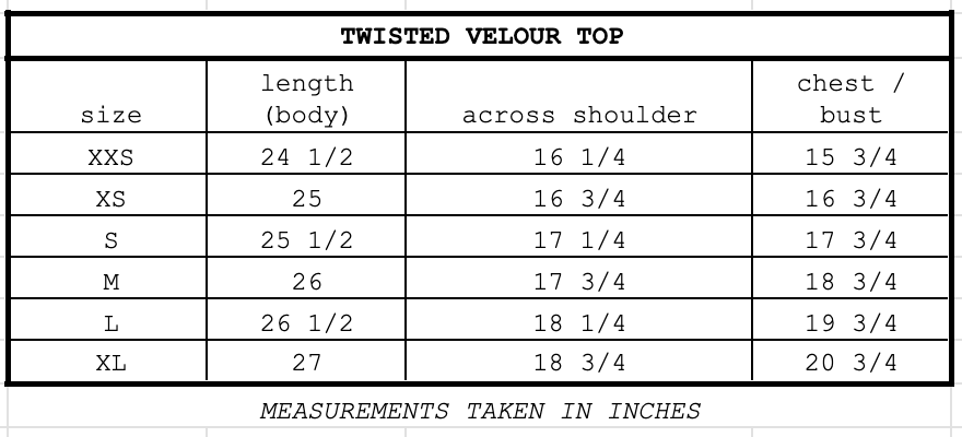 Size chart for Twisted Velour Vest Mink