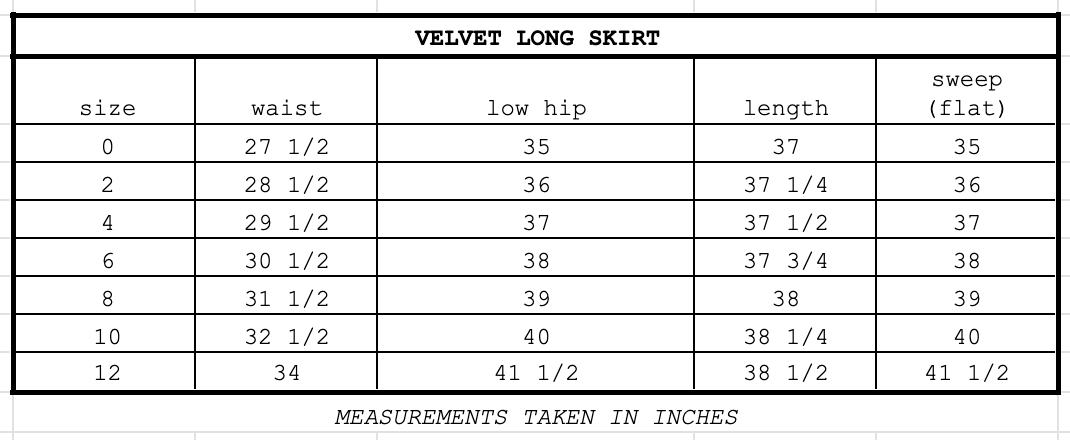 Size chart for Velvet Long Skirt Mink