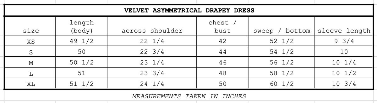 Size chart for Velvet Asymmetrical Drapey Dress Mercury