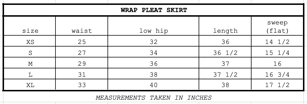 Size chart for Wrap Pleat Skirt Raw Denim