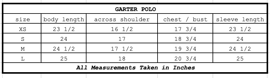Size chart for Garter Polo Tobacco