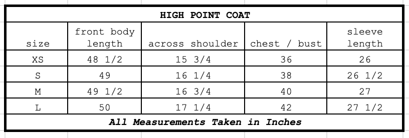 Size chart for High Point Coat Caper