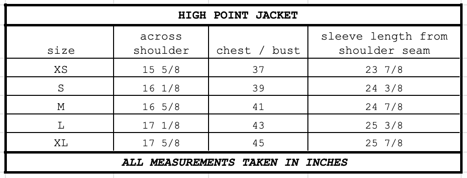 Size chart for High Point Jacket Moss