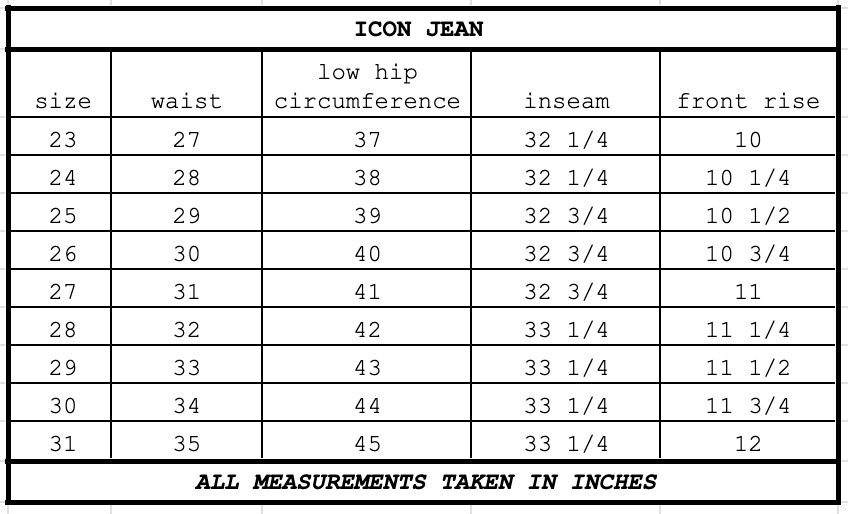 Size chart for Icon Jean Blue Tea
