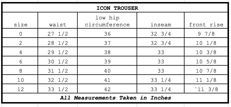 Size chart for Icon Trouser Starling