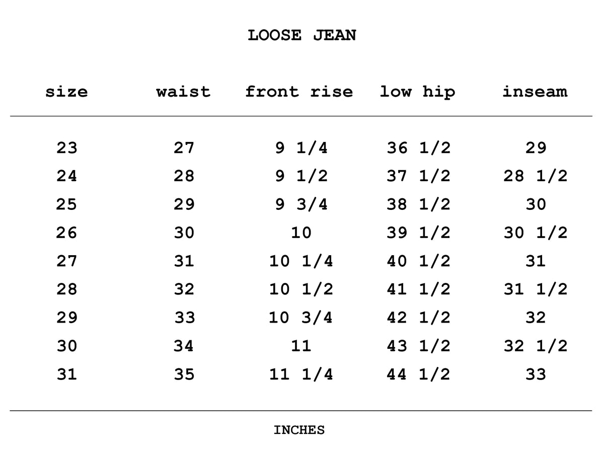 Size chart for Loose Jean in Skater Grey