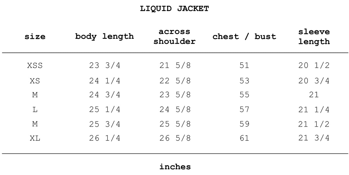 Size chart for Liquid Jacket in Black