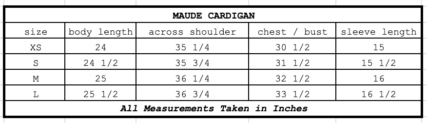 Size chart for Maude Cardigan Yukon Gold