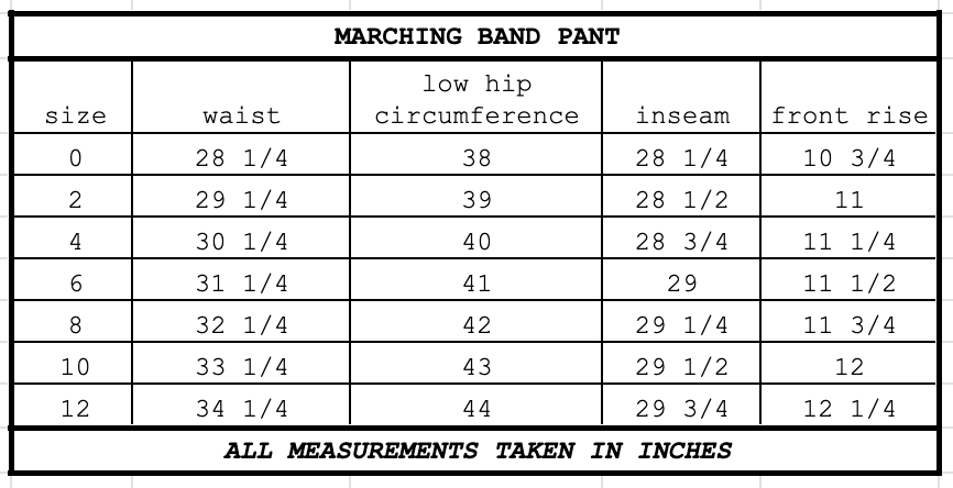 Size chart for Marching Band Pant Army