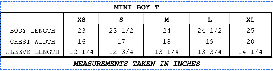 Size chart for Washed Cotton Mini Boy T