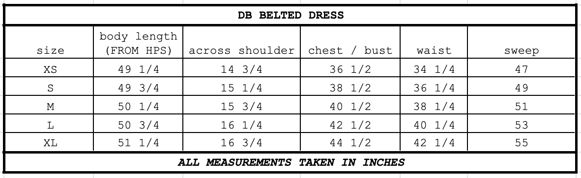 Size chart for DB Belted Dress Black