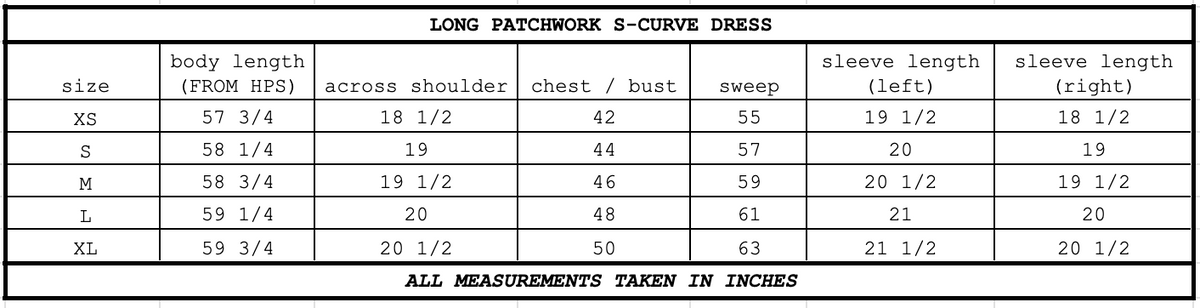 Size chart for Long Patchwork S-Curve Black