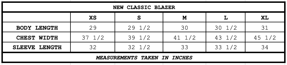 Size chart for New Classic Blazer in Navy