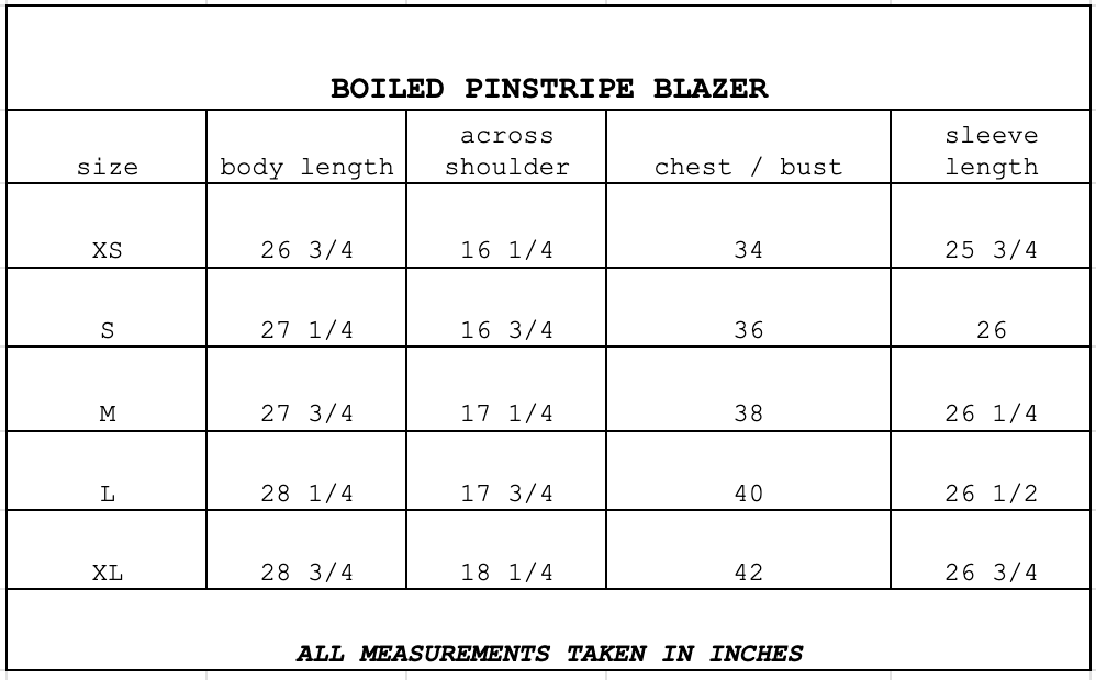Size chart for Boiled Pinstripe Blazer Hemp