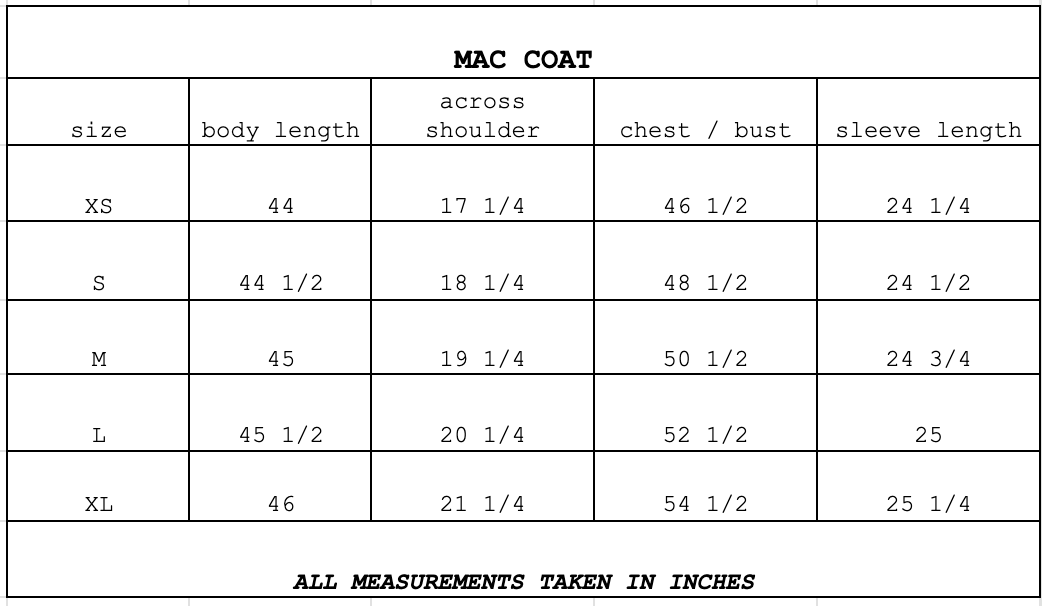 Size chart for Mac Coat Ink