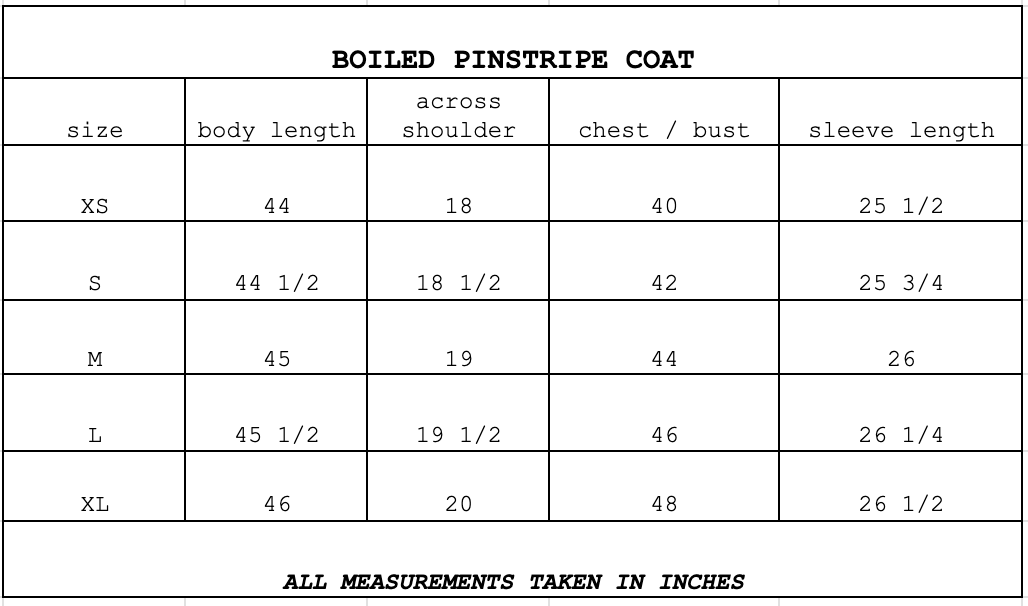 Size chart for Boiled Pinstripe Coat Hemp