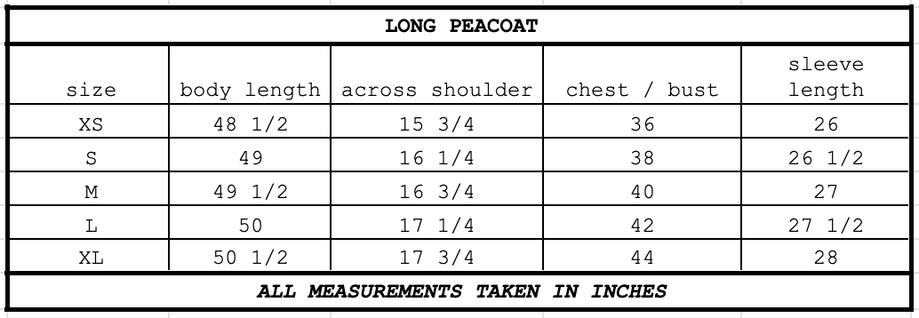 Size chart for Long Peacoat Desert
