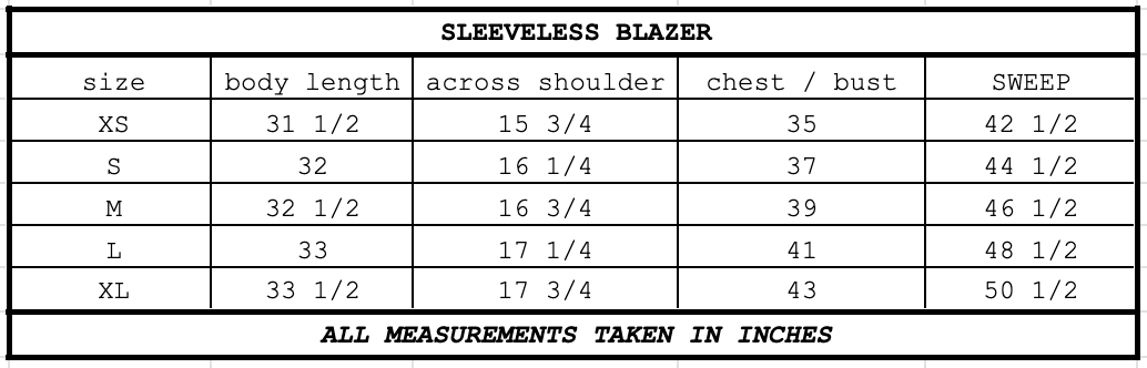 Size chart for Sleeveless Blazer Brown