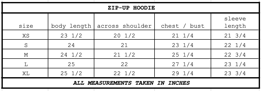 Size chart for Zip-Up Hoodie Limestone
