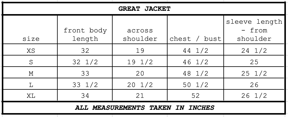 Size chart for Great Jacket Blonde