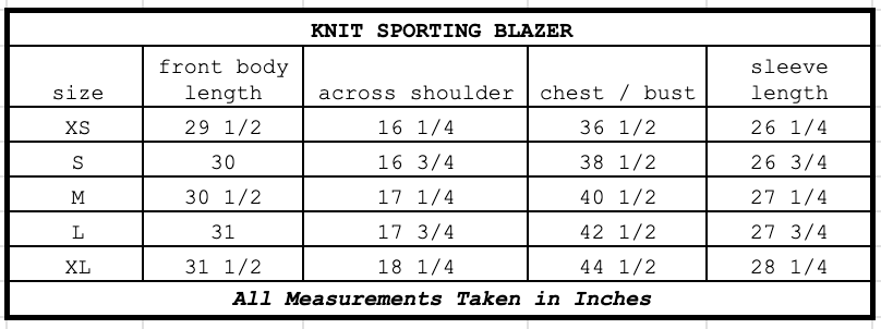 Size chart for Knit Sporting Blazer Ebony