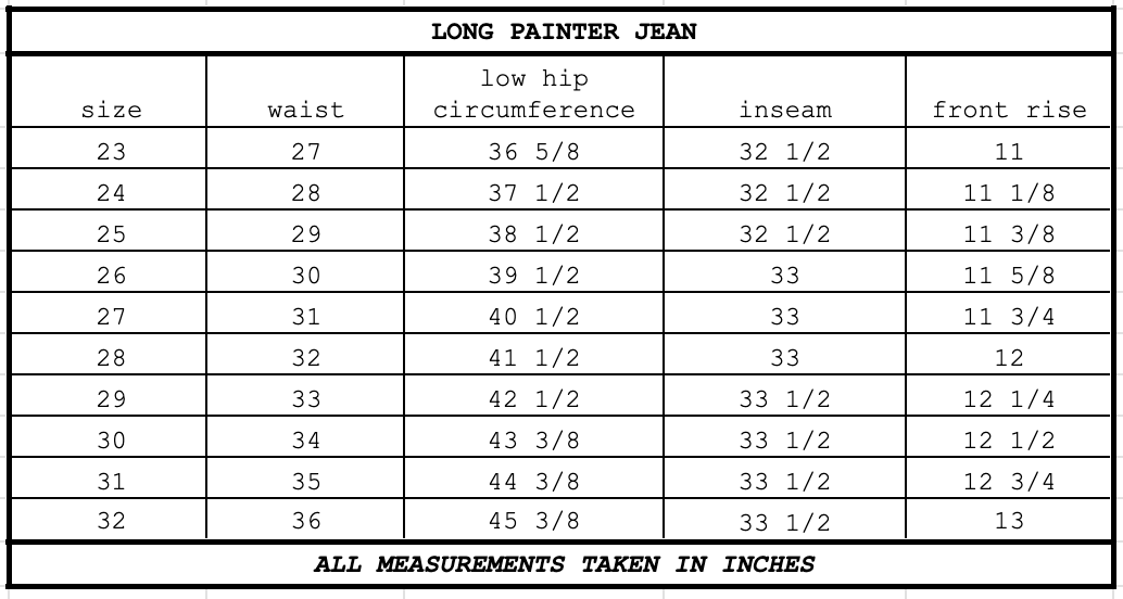 Size chart for Long Painter Jean Charcoal