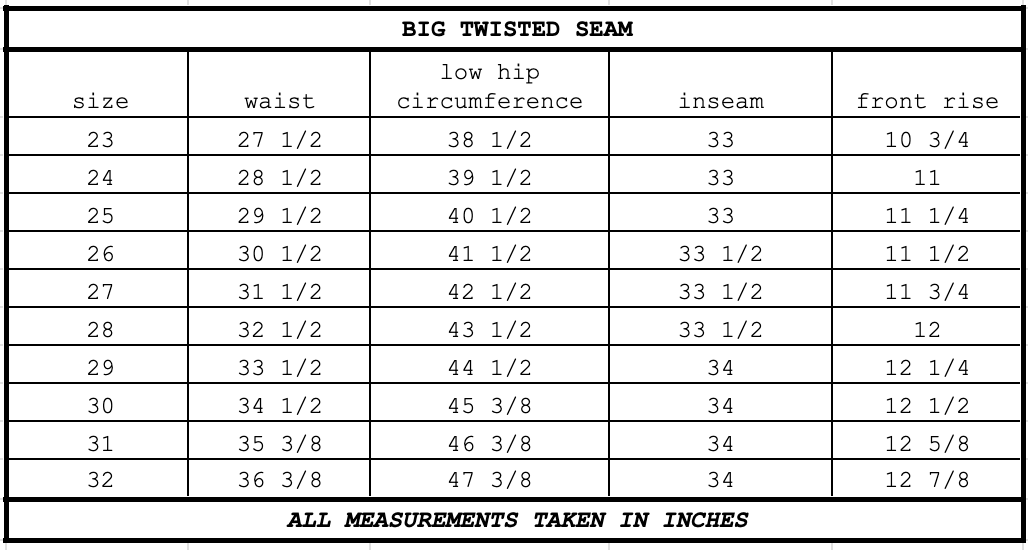 Size chart for Big Twisted Seam Jean Mineral Black