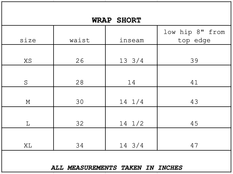 Size chart for Wrap Short Ink