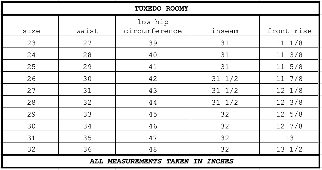 Size chart for Tuxedo Roomy Mojave with Black Stripe