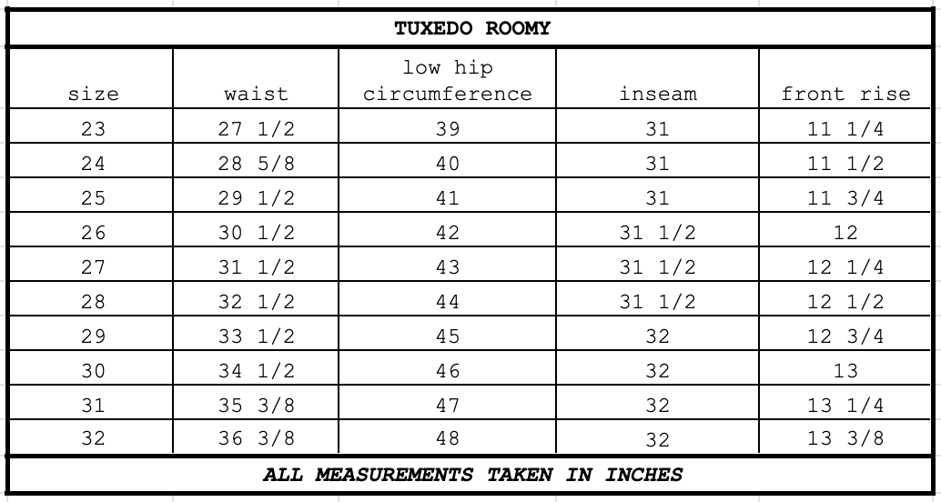Size chart for Tuxedo Roomy Alabaster with Alabaster Stripe