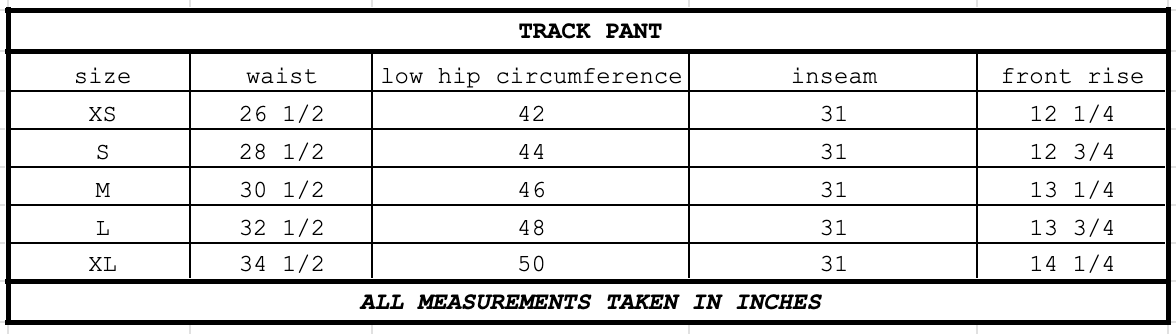 Size chart for Track Pant Mouse