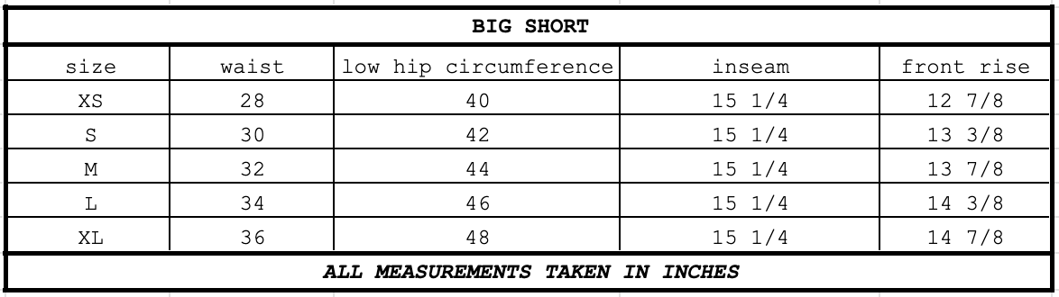 Size chart for Big Short Black
