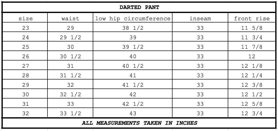 Size chart for Darted Pant Oat Milk
