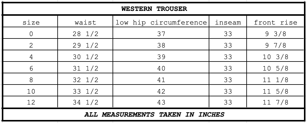 Size chart for Western Trouser Brown