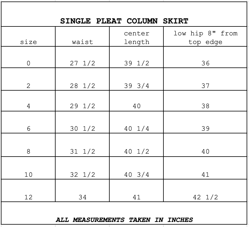 Size chart for Single Pleat Column Skirt