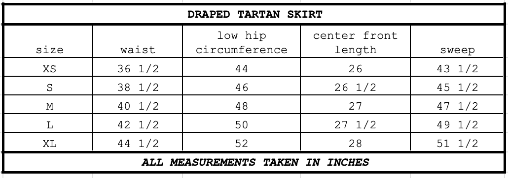 Size chart for Draped Tartan Skirt