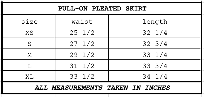 Size chart for Pull-On Pleated Skirt Black