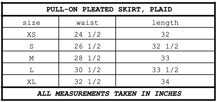 Size chart for Pull-On Pleated Skirt Plaid