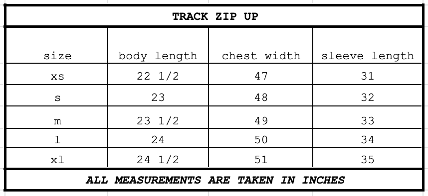 Size chart for Track Zip Up Sweater Mud