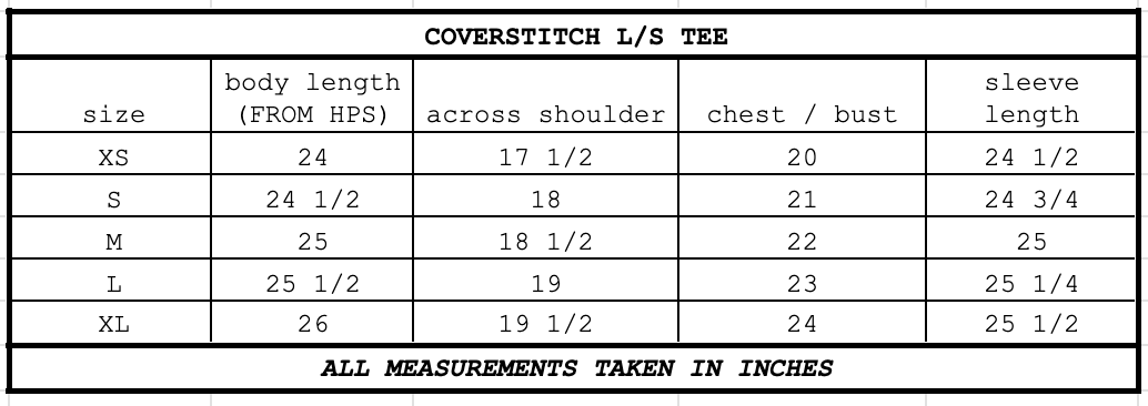 Size chart for Coverstitch L/S T Oat Milk
