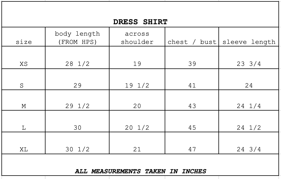 Size chart for Dress Shirt Pimento