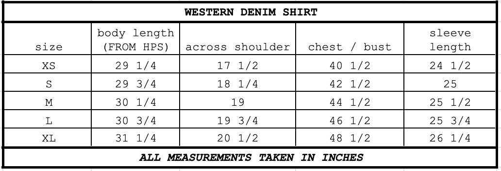 Size chart for Denim Western Shirt