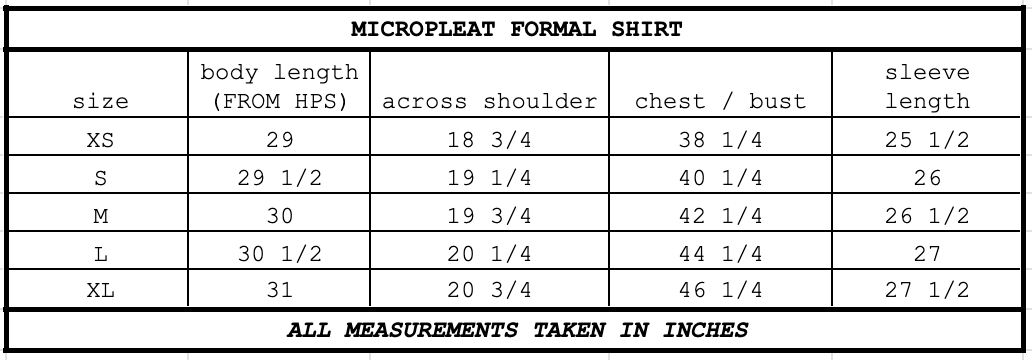 Size chart for Micro Pleat Formal Shirt White